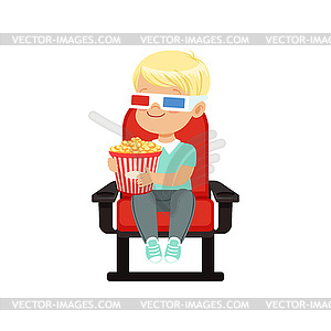 Cute blonde little boy in 3d glasses sitting on - vector image