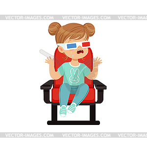 Cute crying little girl in 3d glasses sitting on re - vector image