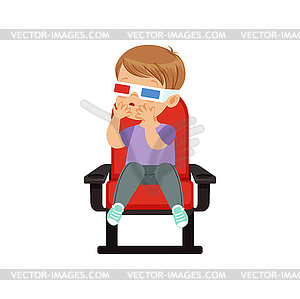 Sweet little boy in 3d glasses sitting on red - vector image