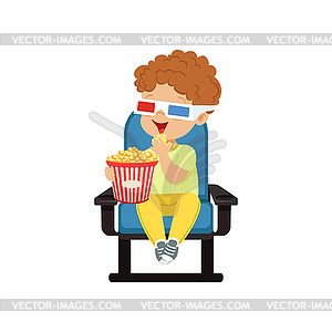 Cute little boy in 3d glasses sitting on blue chair - vector clipart