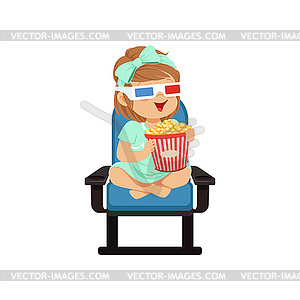 Lovely little girl in 3d glasses sitting on blue - vector image