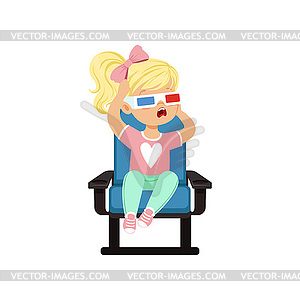 Испуганная блондинка маленькая девочка в 3d-очках - векторная иллюстрация