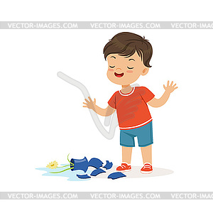 Cute bully boy broke vase, hoodlum cheerful little - vector image