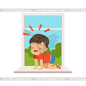 Cute little bully boy sitting on windowsill at - vector image