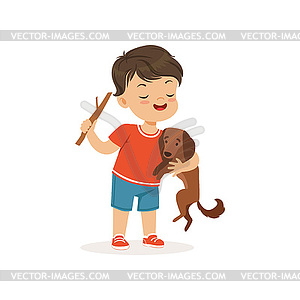 Cute bully boy teasing little dog, hoodlum - vector clip art