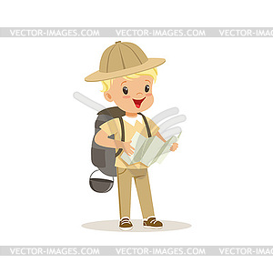 Cute little boy in scout costume with backpack - vector clip art