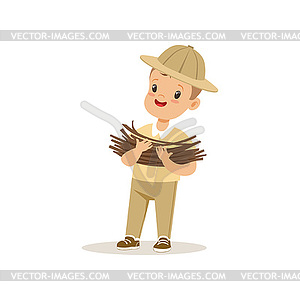 Cute little boy in scout costume bringing some - vector clipart