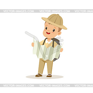 Cute little boy in scout costume with backpack - vector image