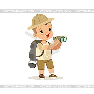 Cute little boy in scout costume with backpack and - vector EPS clipart
