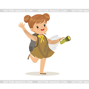 Lovely little girl in scout dress with flashlight, - vector clipart