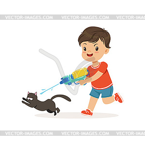 Cute bully boy pouring black cat out of water gun, - vector image