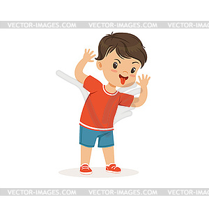 Funny bully boy grimacing, hoodlum cheerful little - vector image