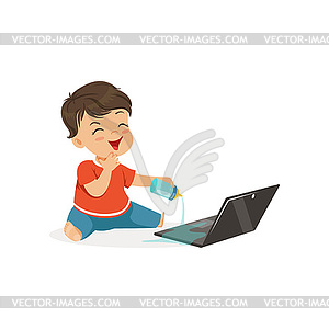 Cute little bully boy spilling water on laptop, - vector image