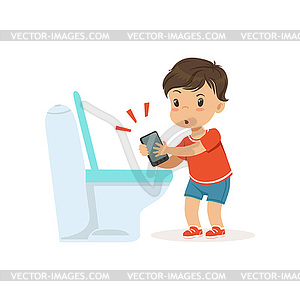 Cute little bully boy throwing phone into toilet, - vector clipart