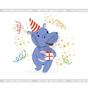 Funny baby hippo character in party hat holding gif - vector image