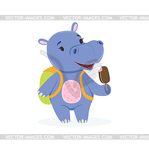 Funny baby hippo character with backpack eating - vector image