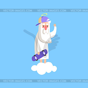 Cute god character wearing cap and holding skate - vector clip art