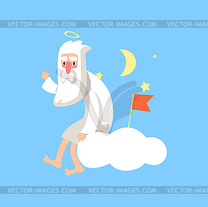 Bearded god character sitting cloud and surrounded - vector image