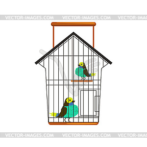 Cartoon couple of cute birds in metallic cage. One - royalty-free vector image