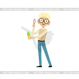 Nerd boy looking at green leaf with magnifying - vector clip art