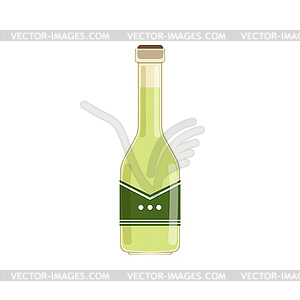 Fresh olive oil in glass bottle. Green liquid in - color vector clipart