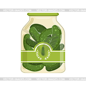 Pickled cucumbers in glass jar with brand label. - vector image