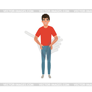 Young caucasian man dressed in red t-shirt and - royalty-free vector image