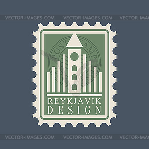 Postmark with famous landmark of Reykjavik - - vector image