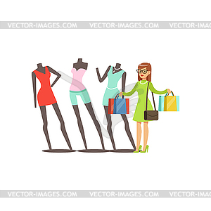 Young woman choosing clothes on mannequins in - vector image