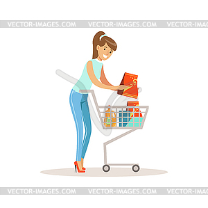 Smiling woman with shopping cart, shopping in - vector clipart