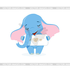 Cute baby elephant holding banner with hearts, funn - vector clipart