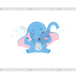 Cute upset baby elephant sitting and crying, funny - vector clipart / vector image