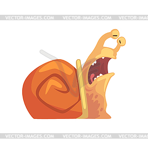 Slumbering funny snail yawning, cute comic mollusk - vector clipart