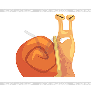 Funny angry snail, cute comic mollusk character - vector image