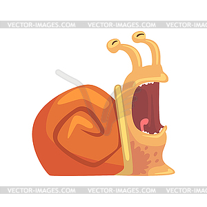 Cute funny snail with open mouth, cute comic mollus - vector image