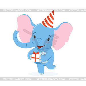 Cute baby elephant in party hat holding gift box, - royalty-free vector  clipart