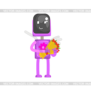 Pink robot character with bouquet of flowers in - vector image