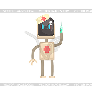 Robot doctor character, android with syringe in - vector image