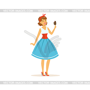 Beautiful young woman eating sweet popsicle, girl - vector clip art