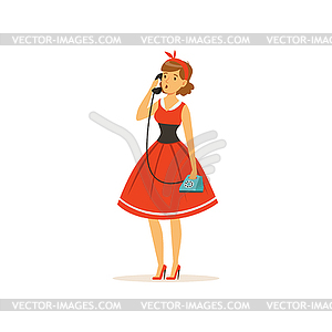 Beautiful young woman talking on vintage phone, gir - vector image