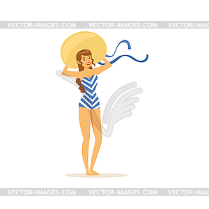 Beautiful young woman in swimsuit and straw hat, - stock vector clipart