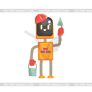 Robot buider character, android standing with trowe - vector clipart