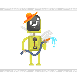 Robot gardener character, android standing with - vector image