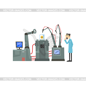 Male scientist character and robotic arms working i - vector clipart