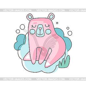 Funny pink and blue cartoon bear sitting and - vector clip art