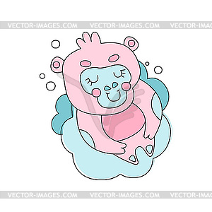 Flat line art pink monkey sitting or sleeping on - royalty-free vector clipart