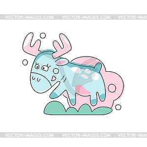 Pink moose jumping on green grass. Forest animal - vector image