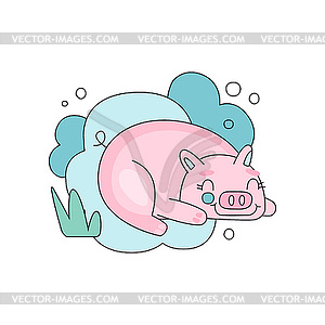 Lovely with sleepy pink pig against blue fluffy - vector clip art