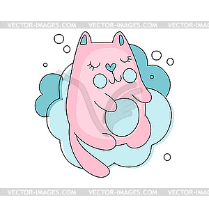 Pink kitten sweetly sleeping on blue fluffy - vector clipart
