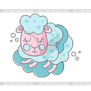 Pink and blue cartoon sleepy sheep on fluffy - vector image